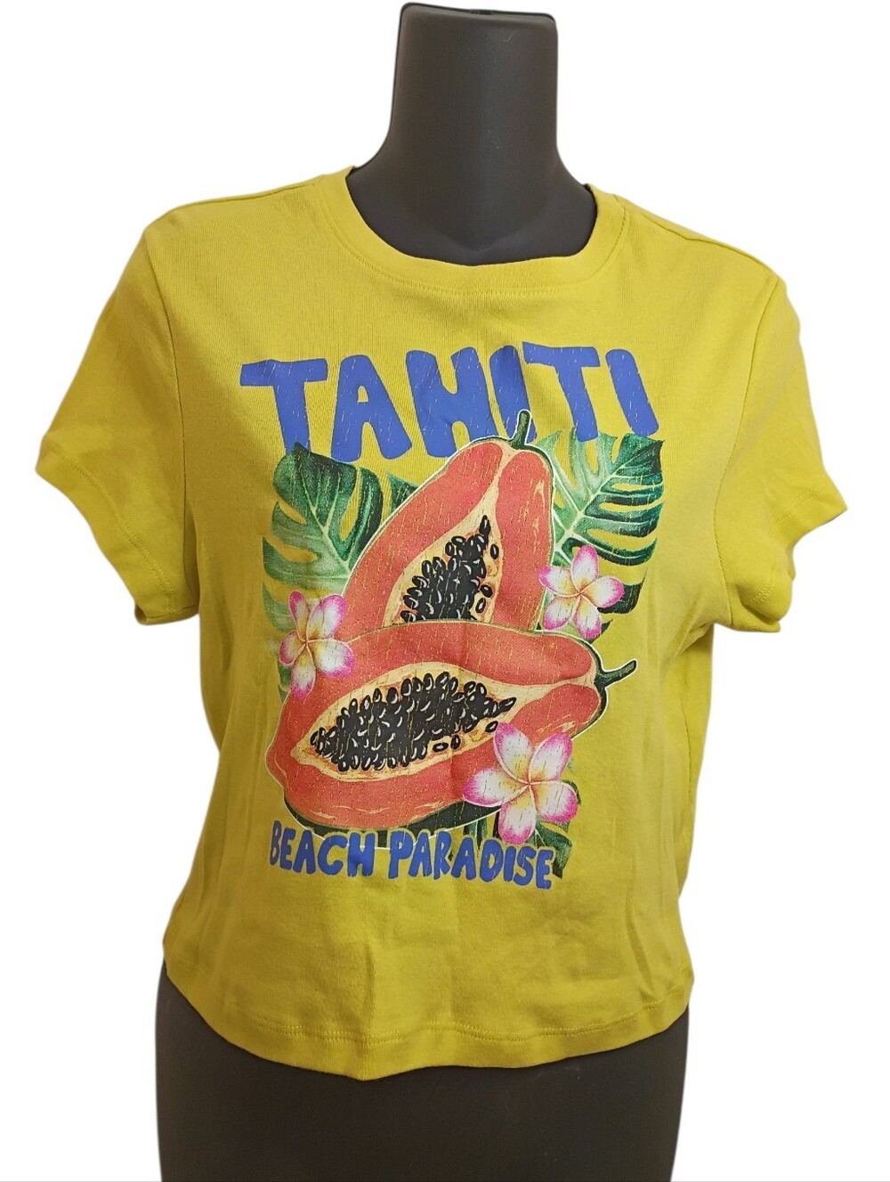 Tahiti Beach Paradise Yellow Graphic Crop Tee Short Sleeves Crew Neck t-shirt